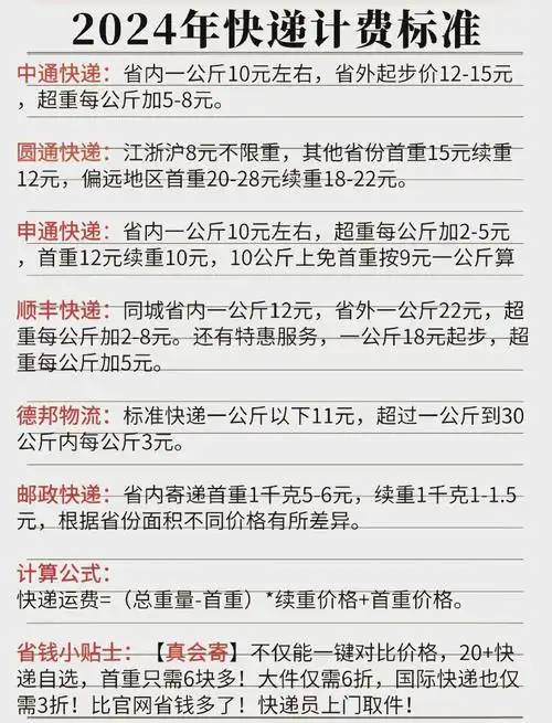 2024各快递收费标准价格表是多少