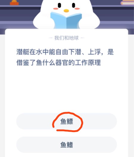 潜艇在水中能自由下潜、上浮，是借鉴了鱼什么器官的工作原理？支付宝蚂蚁庄园11月11日最新答案