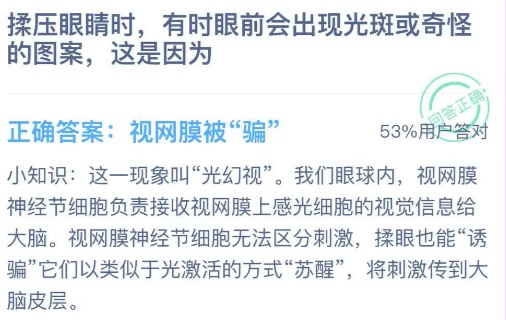 揉压眼睛时眼前会出现光斑或奇怪的图案这是因为？2020年1月5日蚂蚁庄园今日课堂答题